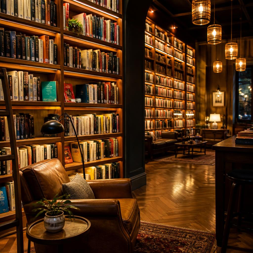 Cozy library with warm hanging lights and bookshelves